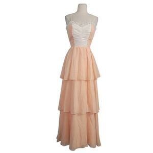 Vintage 1960s 1970s Peach Tiered Maxi Dress Sz XXS 2XS Lace Polka-dot‎ Coquette